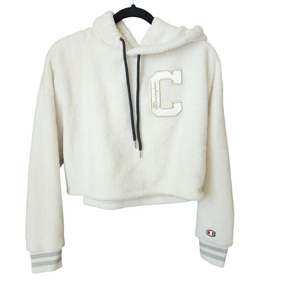 Champion Super Fleece Faux Fur Cropped Pullover Hoodie Small Gold‎ Fuzzy - Picture 1 of 13